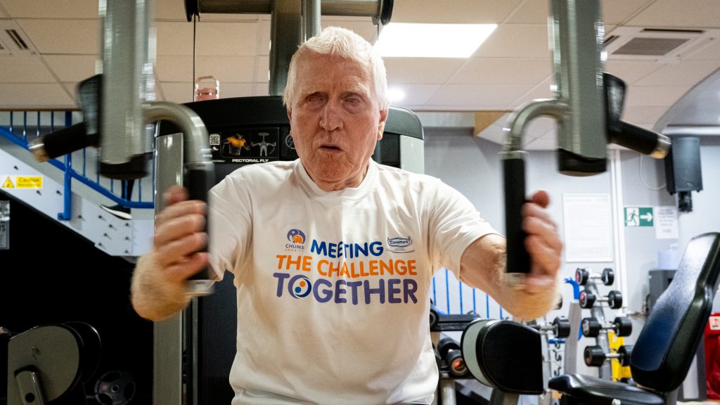 Phil Rutter, lifting weights on the way to raising £60,000 for CHUMS Charity